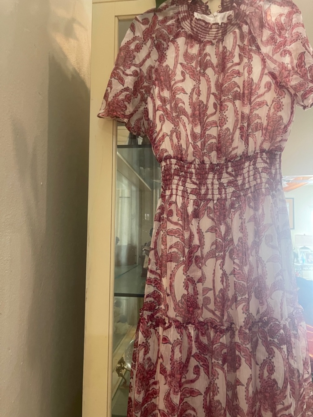 Taylor White Dress with Burgundy Paisley Detail